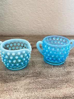 VTG Fenton Glass Hobnail Mini Cream & Sugar Blue Opalescent 2" Grannycore MCM